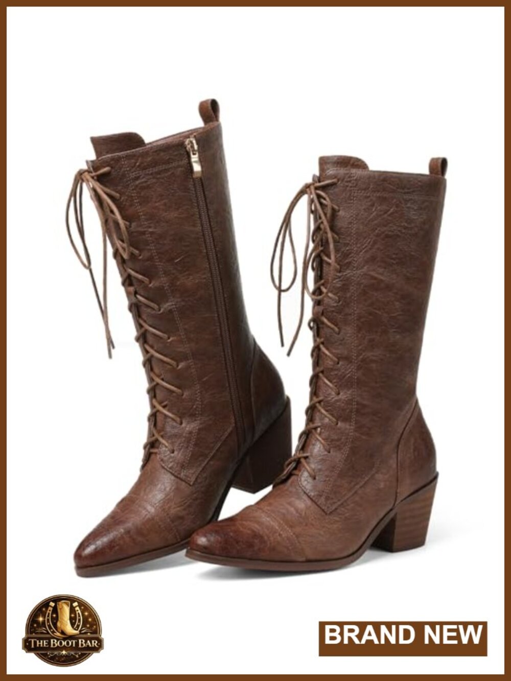 Women's Mid Calf Lace Up Combat Boots with Chunky Heel and Zipper